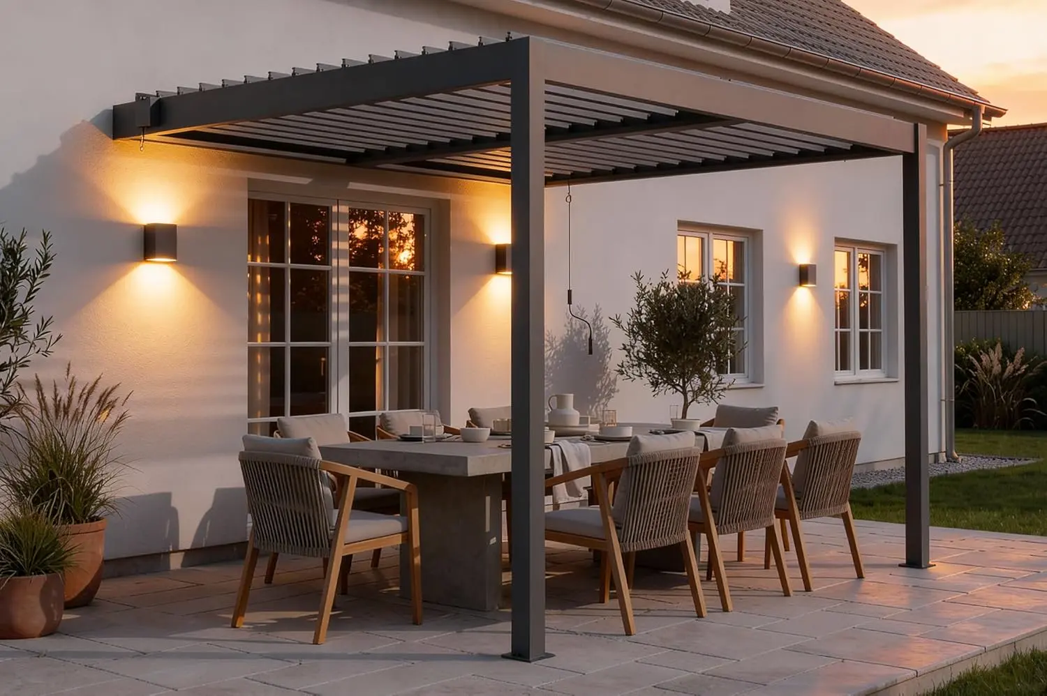 Pergola en aluminium gris 12 m² adossée vue 3