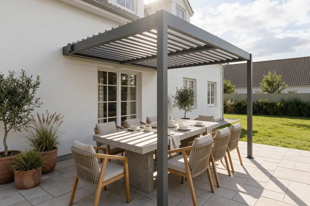 Pergola en aluminium gris 12 m² adossée vue 7