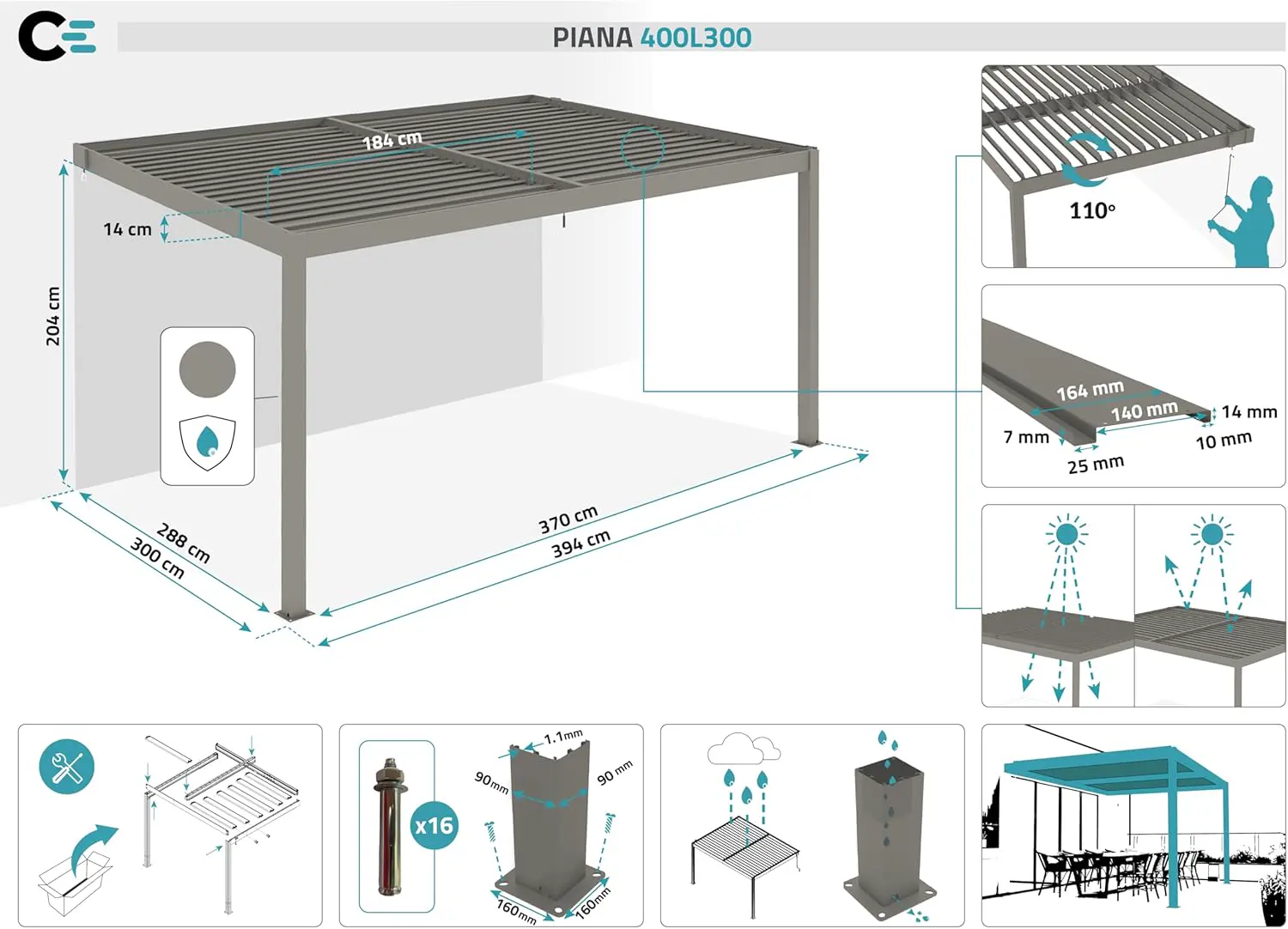 Pergola en aluminium taupe 12 m² adossée vue 2