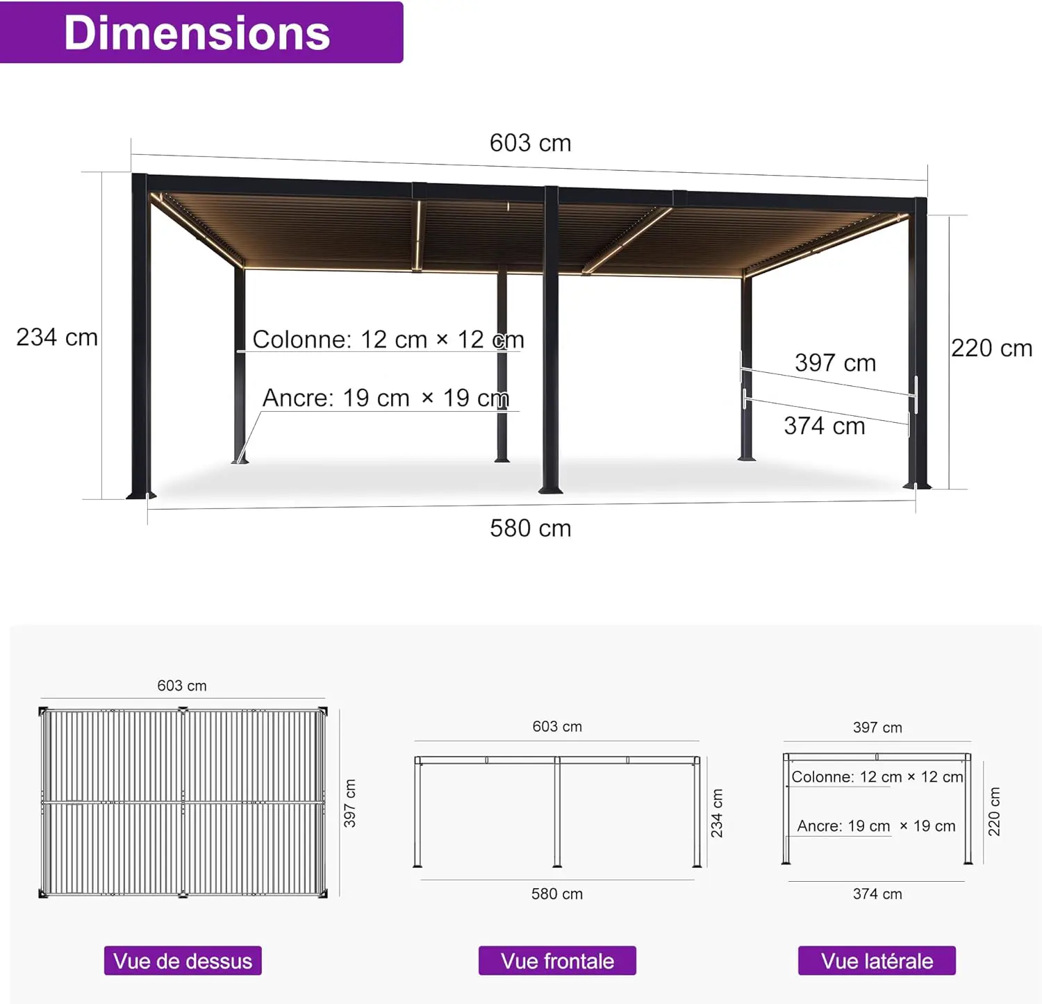 Pergola en aluminium gris 24 m² vue 9