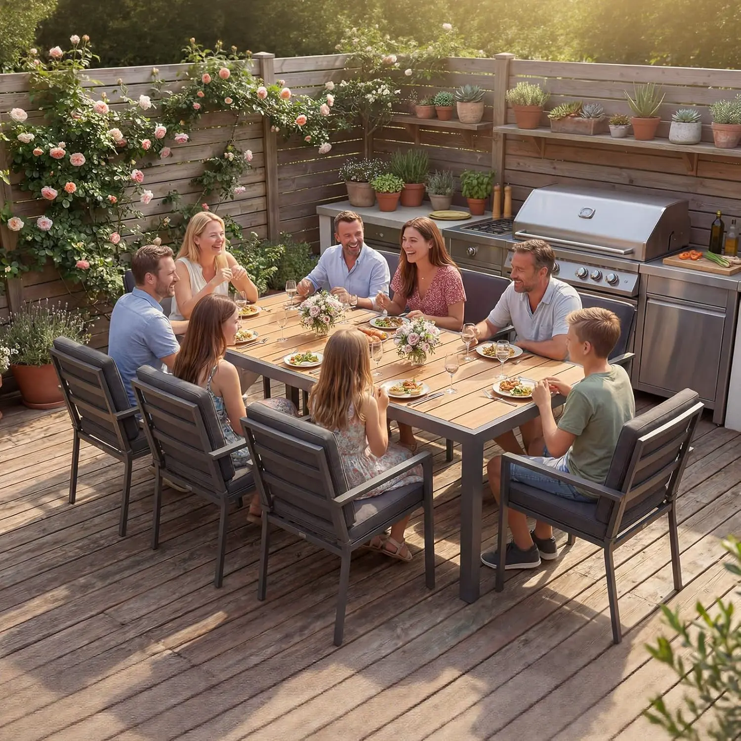 Table de jardin 8 places en bois marron 189x80cm vue 7