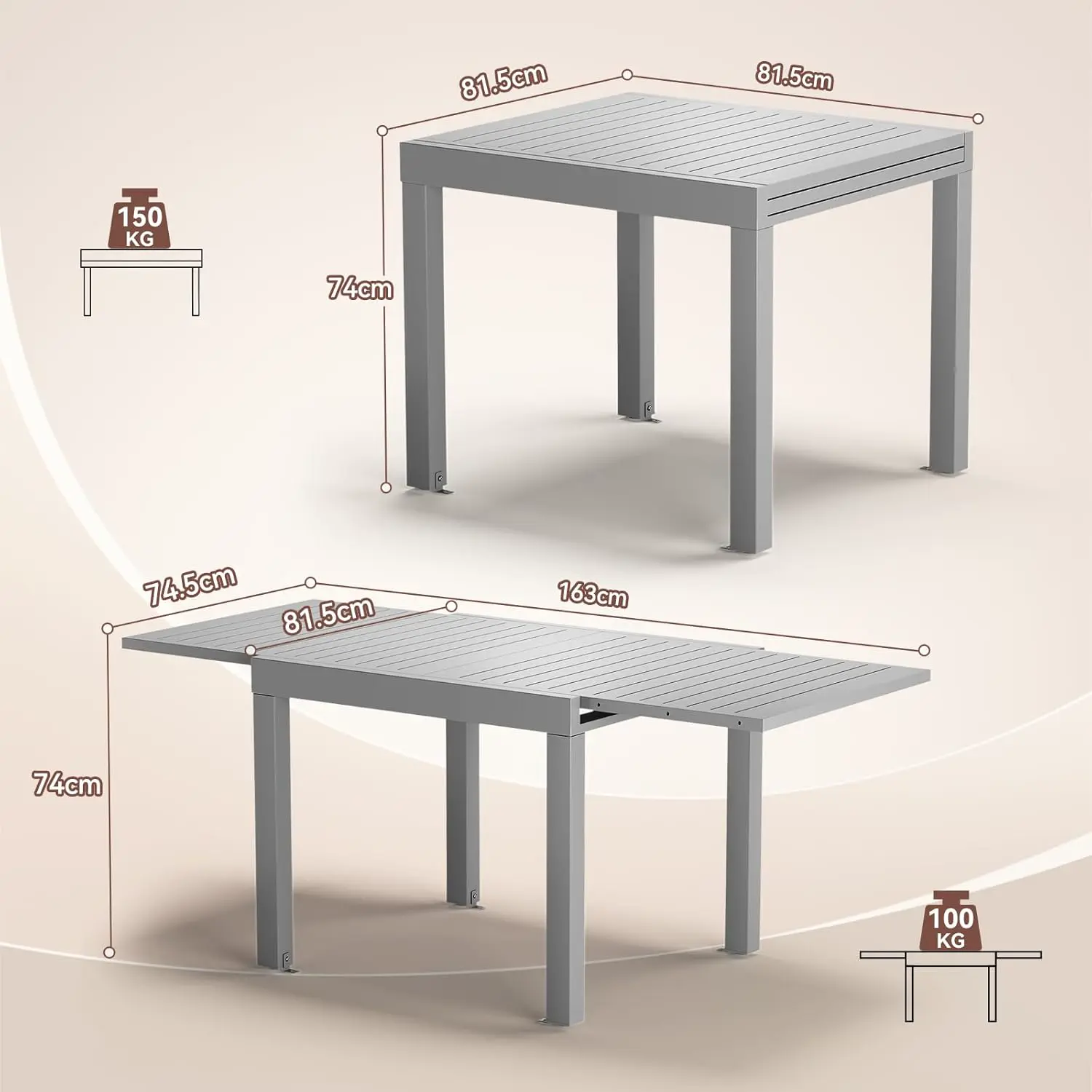 Table de jardin 10 places en aluminium gris 163x80cm vue 3