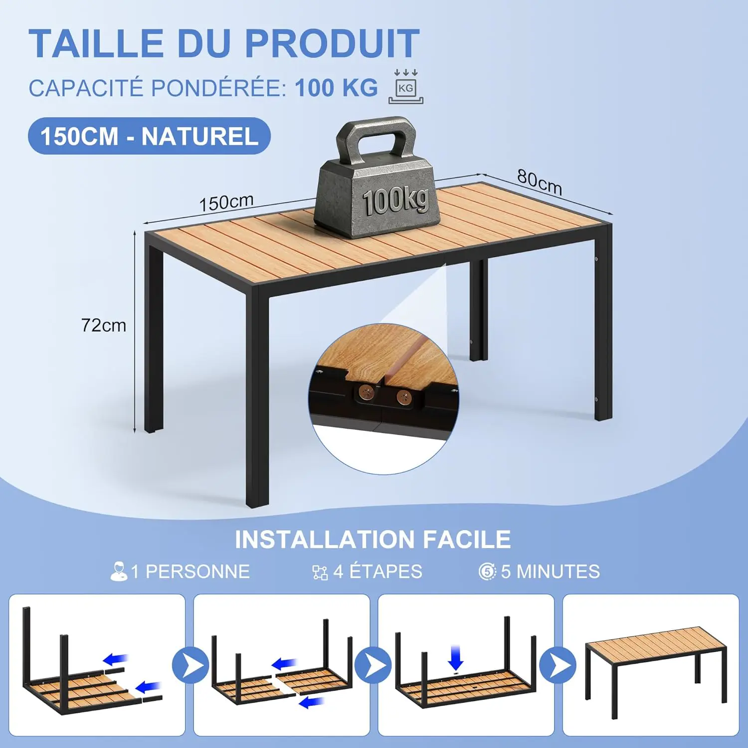 Table de jardin 6 places en aluminium naturel 80 x 72 cm vue 2