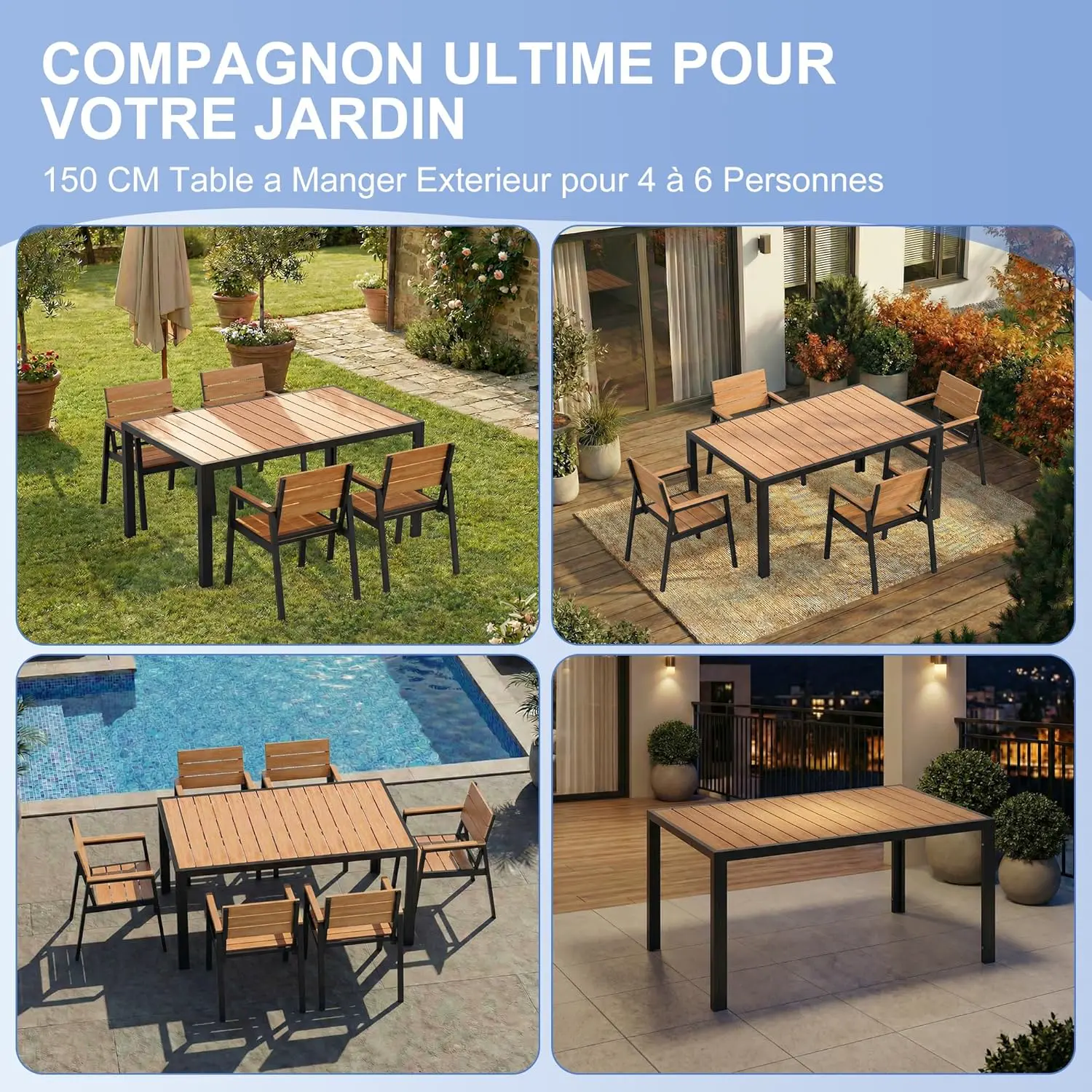 Table de jardin 6 places en aluminium naturel 80 x 72 cm vue 7