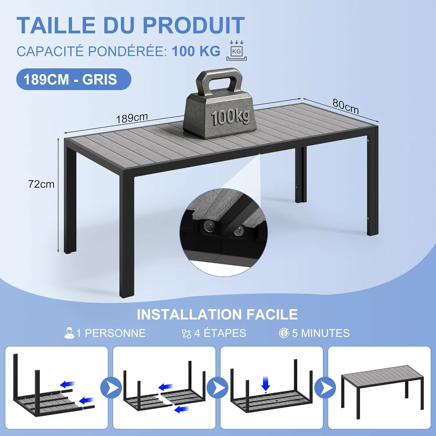 Table de jardin 8 places en aluminium gris 80 x 72 cm vue 2