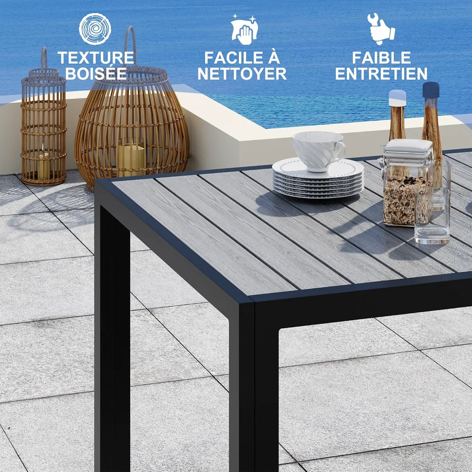 Table de jardin 8 places en aluminium gris 80 x 72 cm vue 4