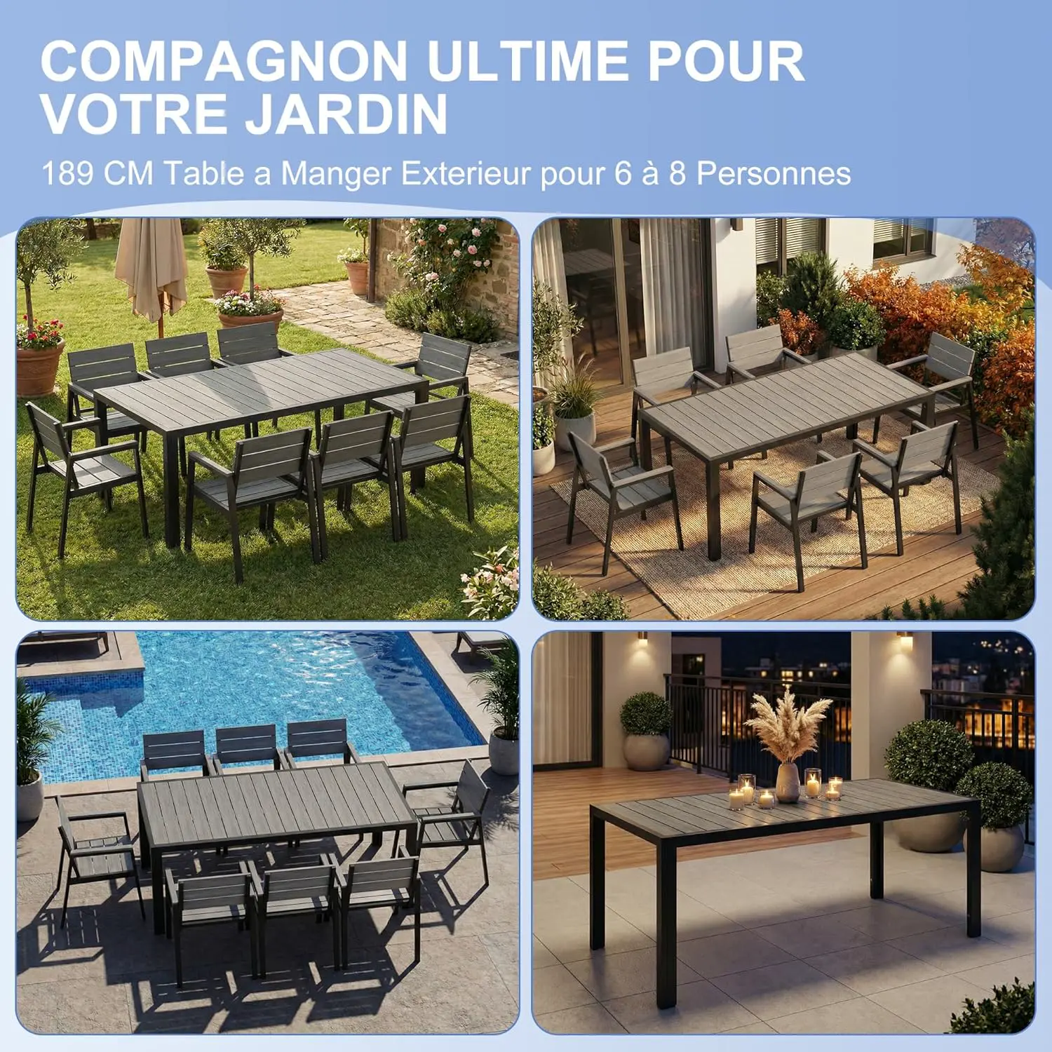 Table de jardin 8 places en aluminium gris 80 x 72 cm vue 7