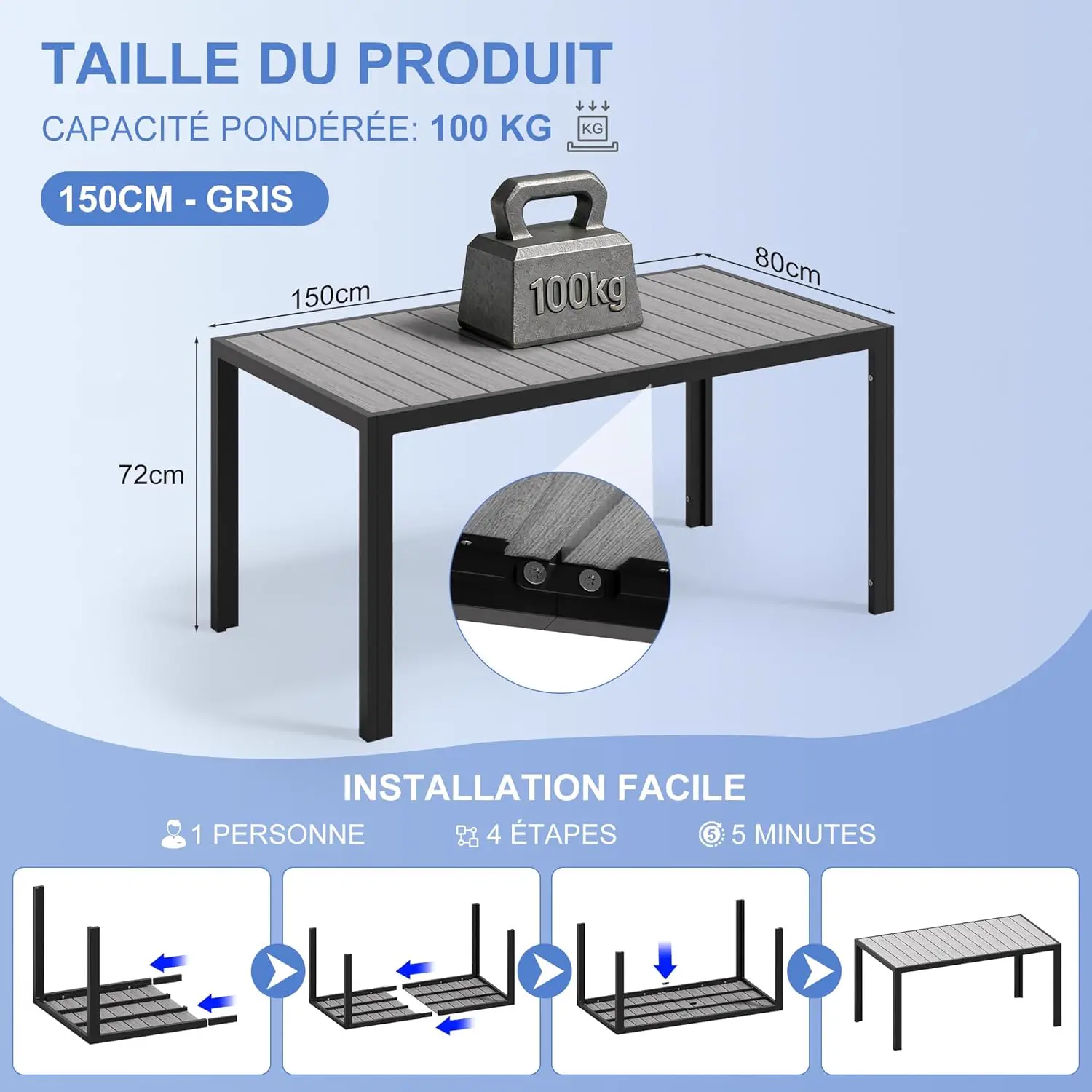 Table de jardin 6 places en aluminium gris 80 x 72 cm vue 2