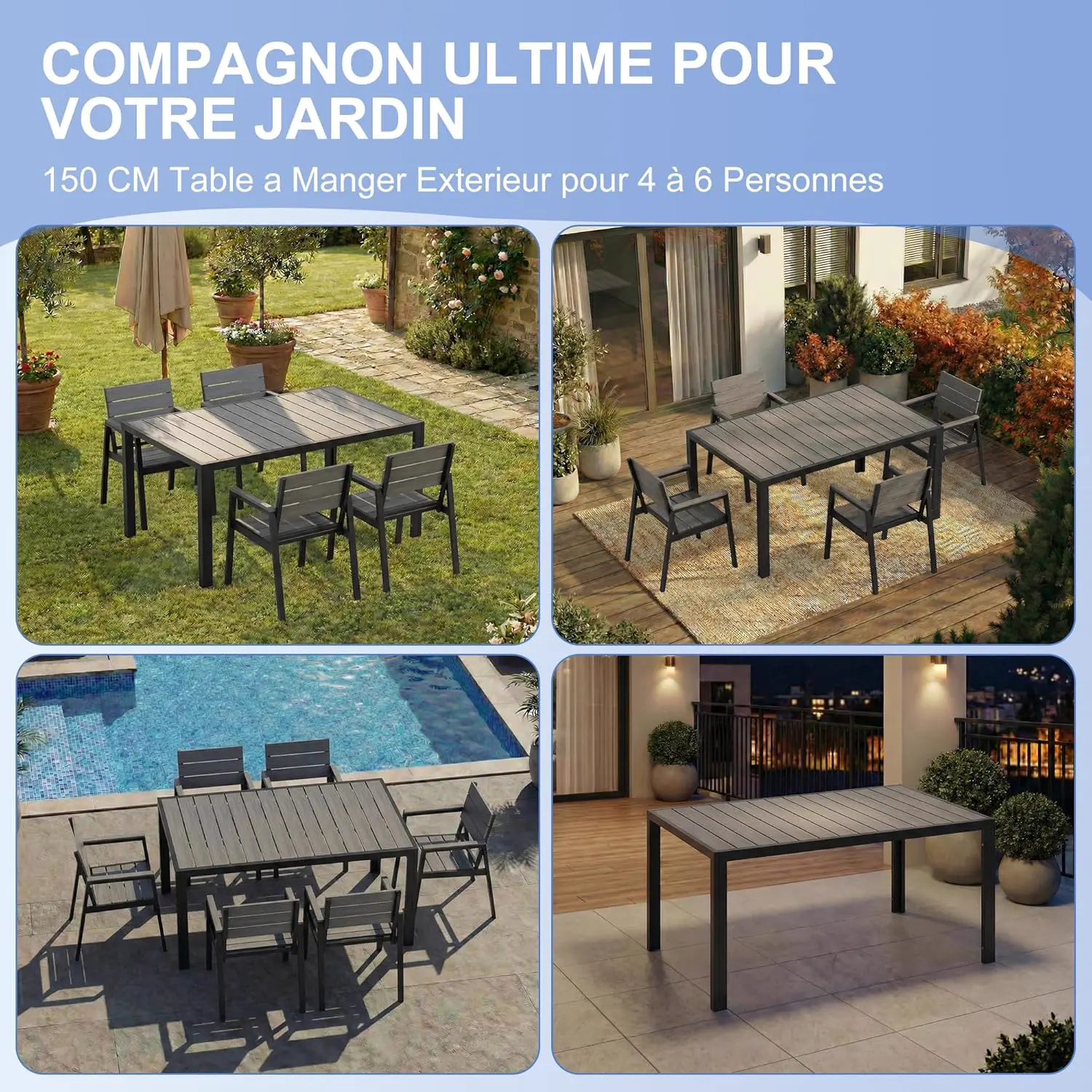 Table de jardin 6 places en aluminium gris 80 x 72 cm vue 7