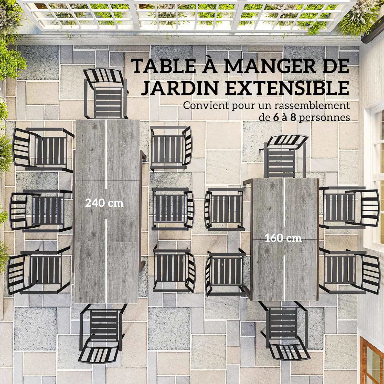 Table de jardin 8 places en acier gris 90 x 74 cm vue 3