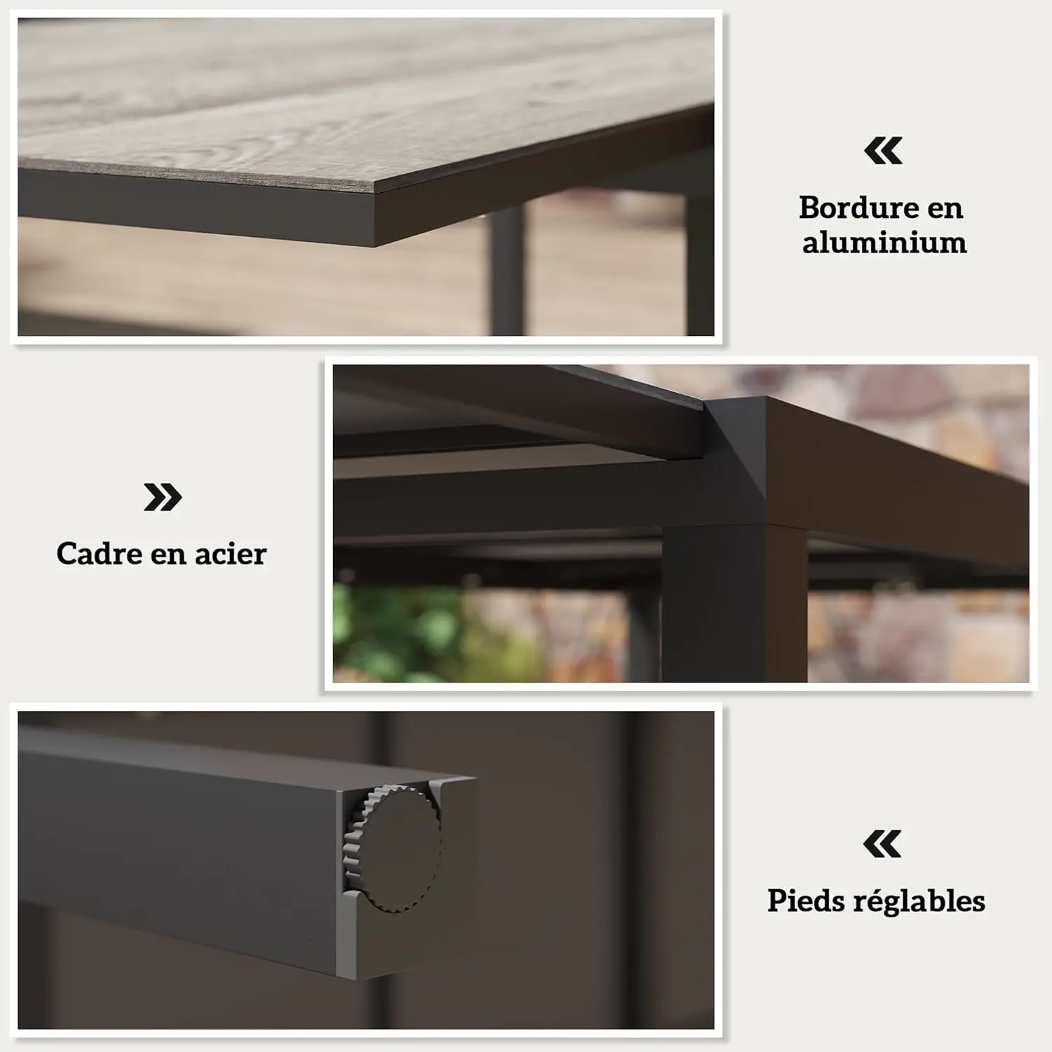 Table de jardin 8 places en acier gris 90 x 74 cm vue 4