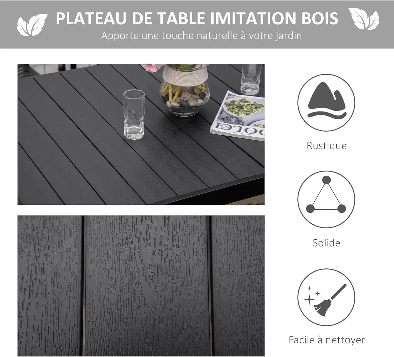 Table de jardin 6 places en aluminium noir 90 x 74 cm vue 4