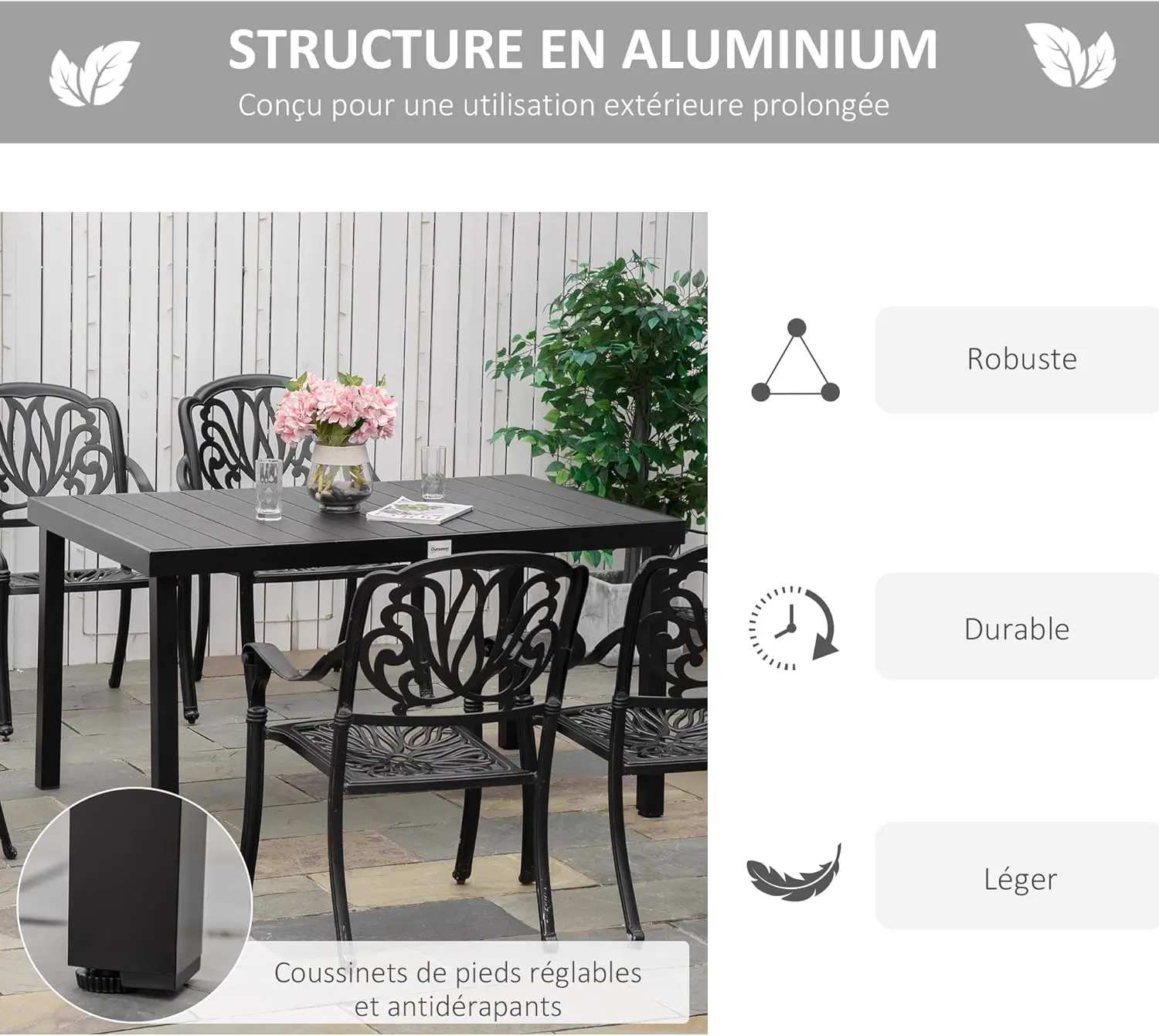 Table de jardin 6 places en aluminium noir 90 x 74 cm vue 5