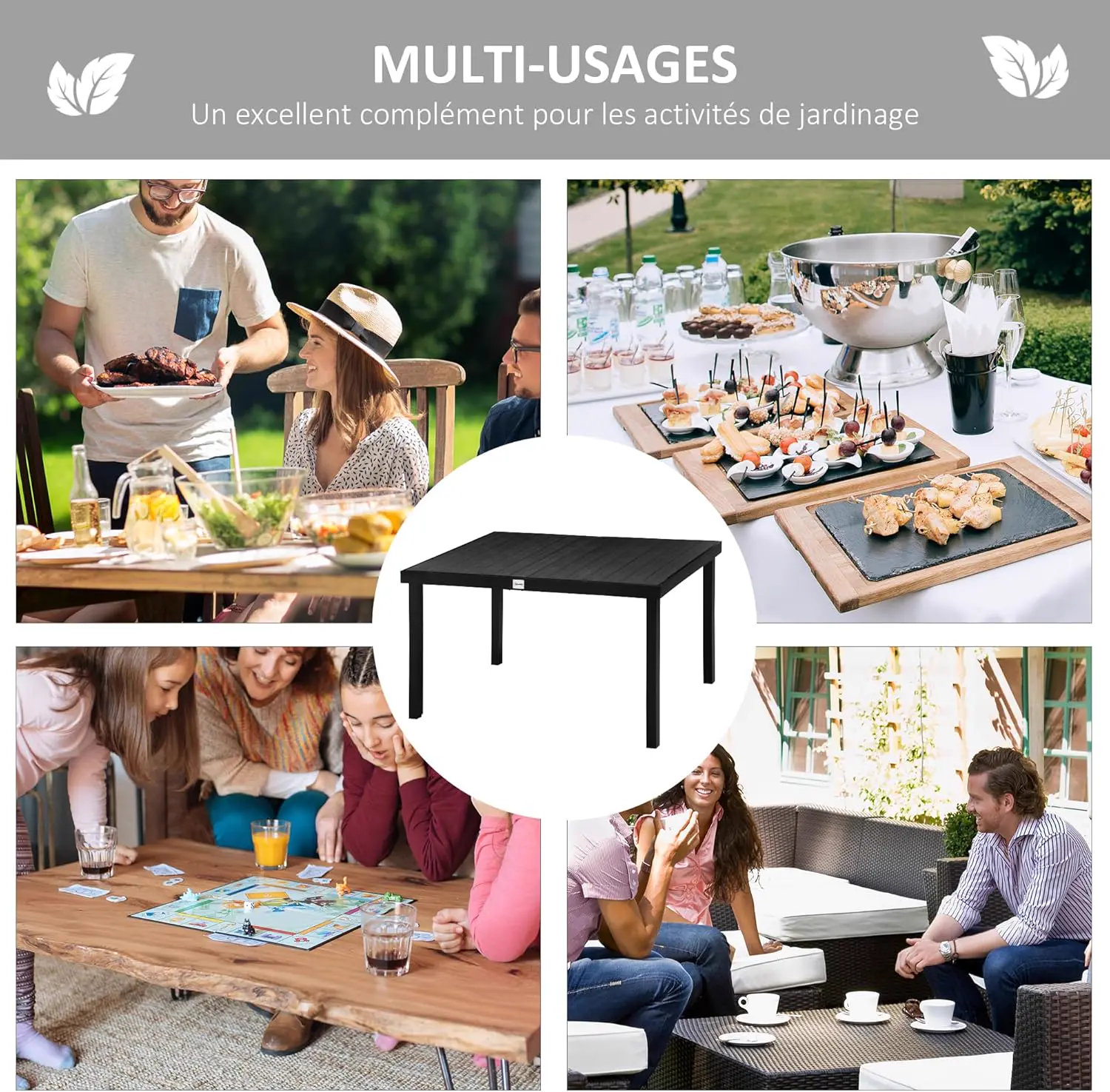 Table de jardin 6 places en aluminium noir 90 x 74 cm vue 6