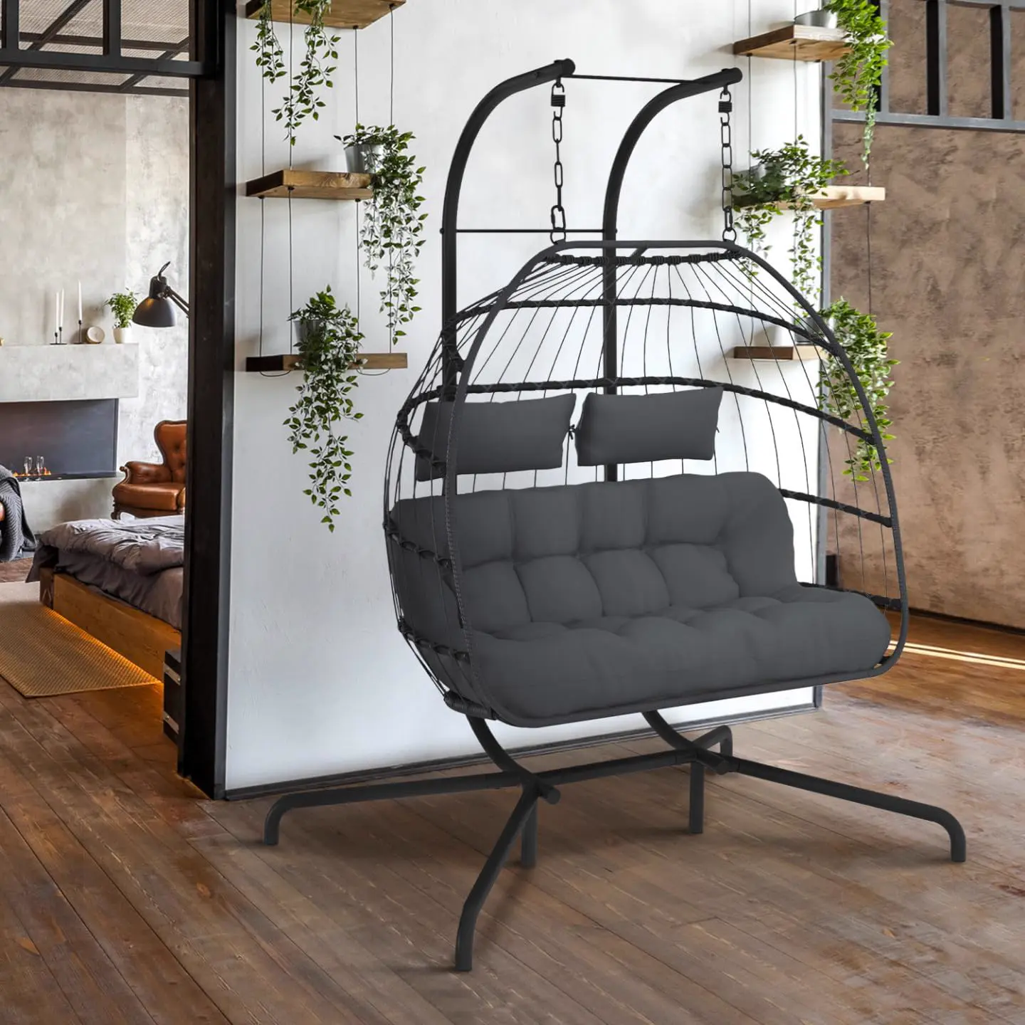 Fauteuils suspendus 2 places en acier gris vue 4