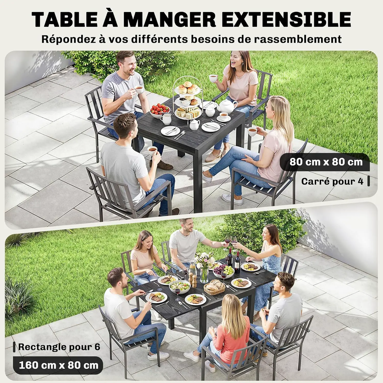 Table de jardin 4 places en aluminium noir 160 x 75 cm vue 4