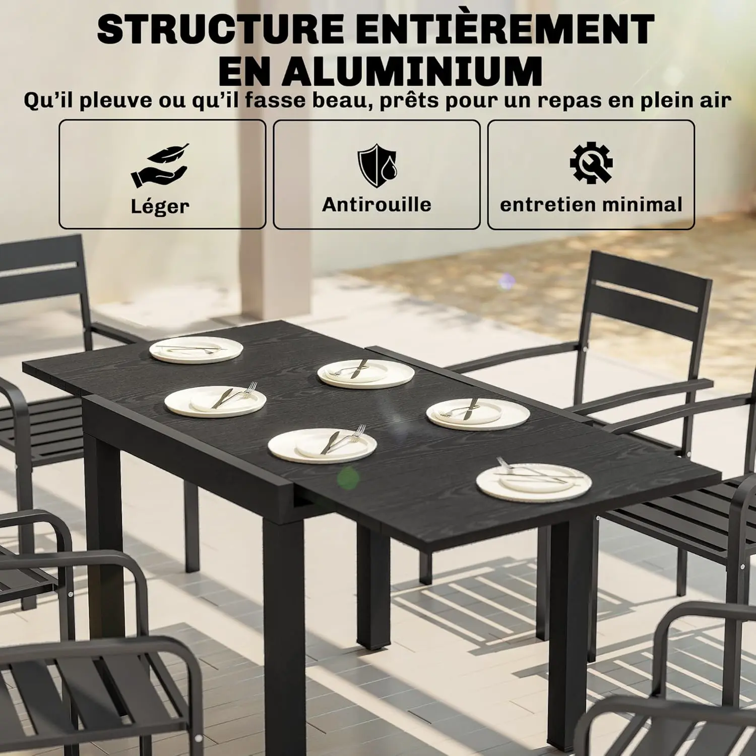 Table de jardin 4 places en aluminium noir 160 x 75 cm vue 5