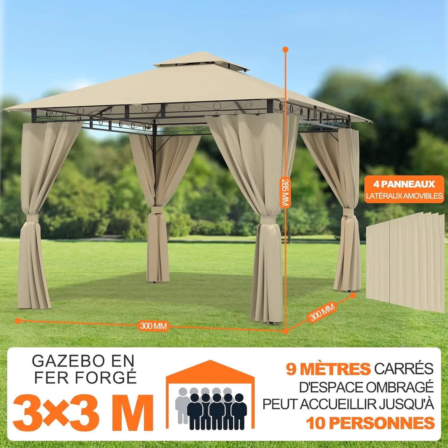 Tonnelle en métal beige 3x3m vue 2