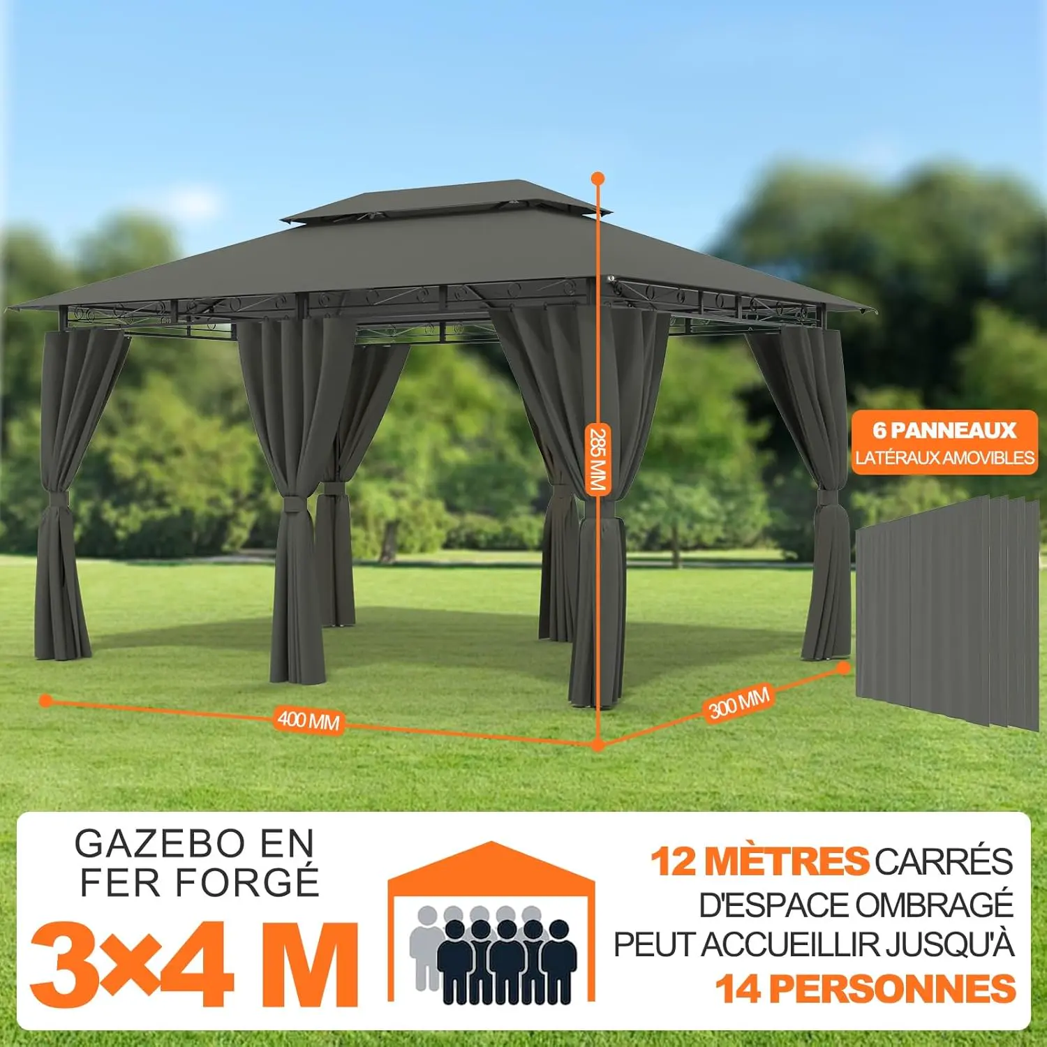 Tonnelle en métal gris 3x4m vue 2