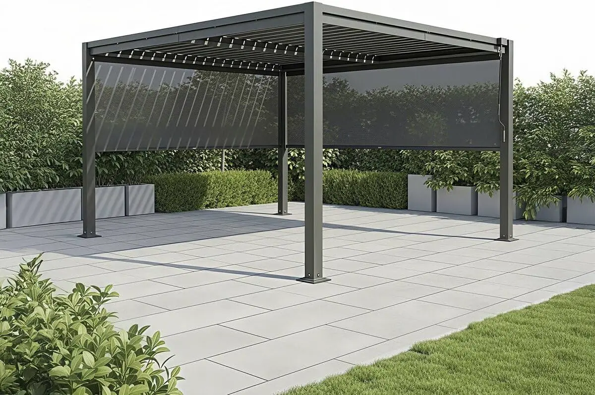 Pergola en acier gris 3 x 4 m 2 stores vue 2