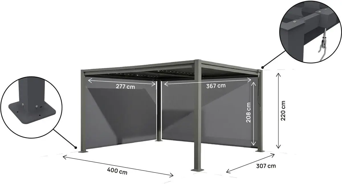 Pergola en acier gris 3 x 4 m 2 stores vue 4