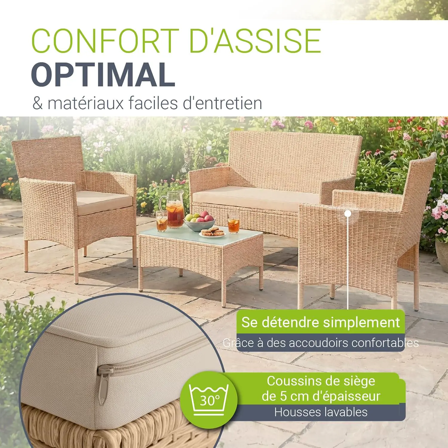 Salon de jardin 4 places en acier beige 139 x 102 vue 2