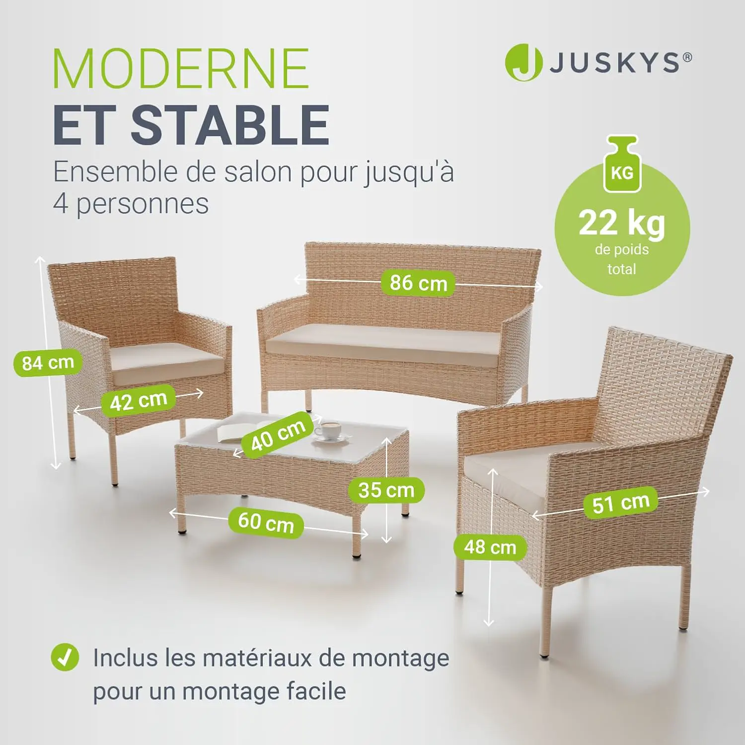 Salon de jardin 4 places en acier beige 139 x 102 vue 6