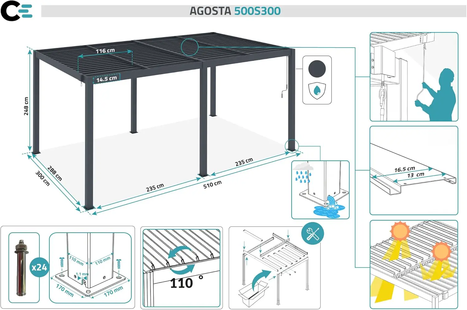 Pergola en aluminium gris 15,5 m² autoportée vue 5