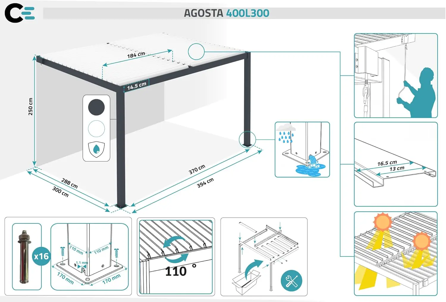 Pergola en aluminium gris 11,8 m² adossée vue 2