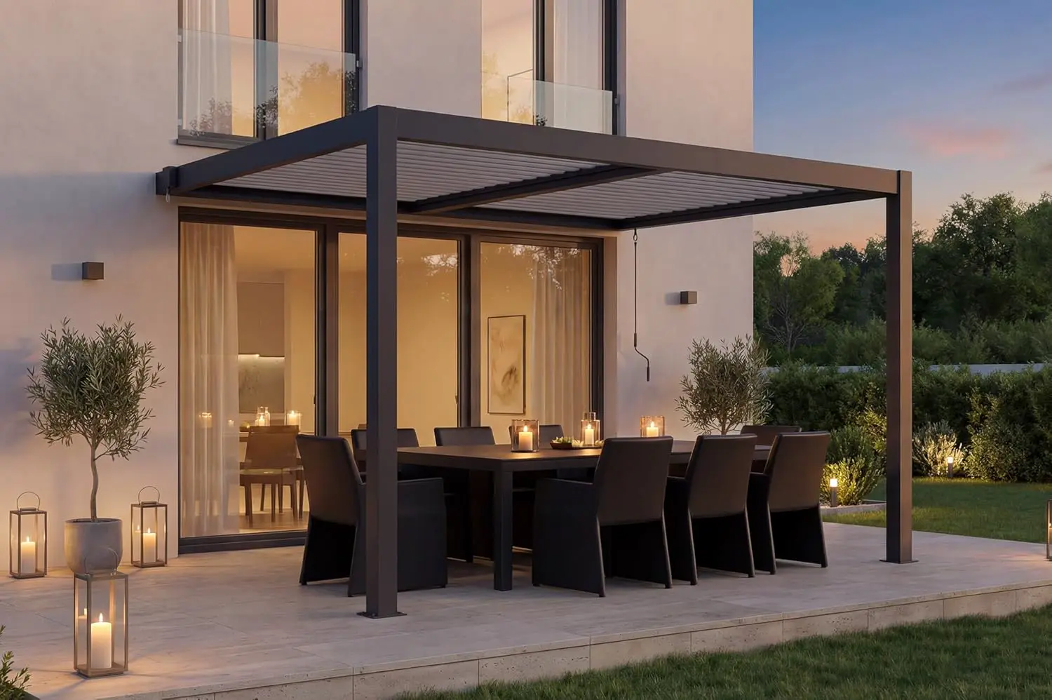 Pergola en aluminium gris 11,8 m² adossée vue 3