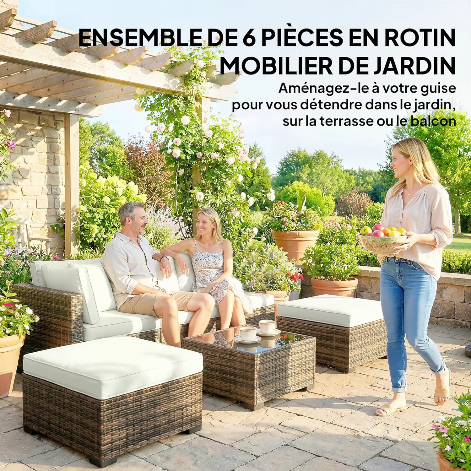 Salon de jardin 5 places en rotin naturel vue 3