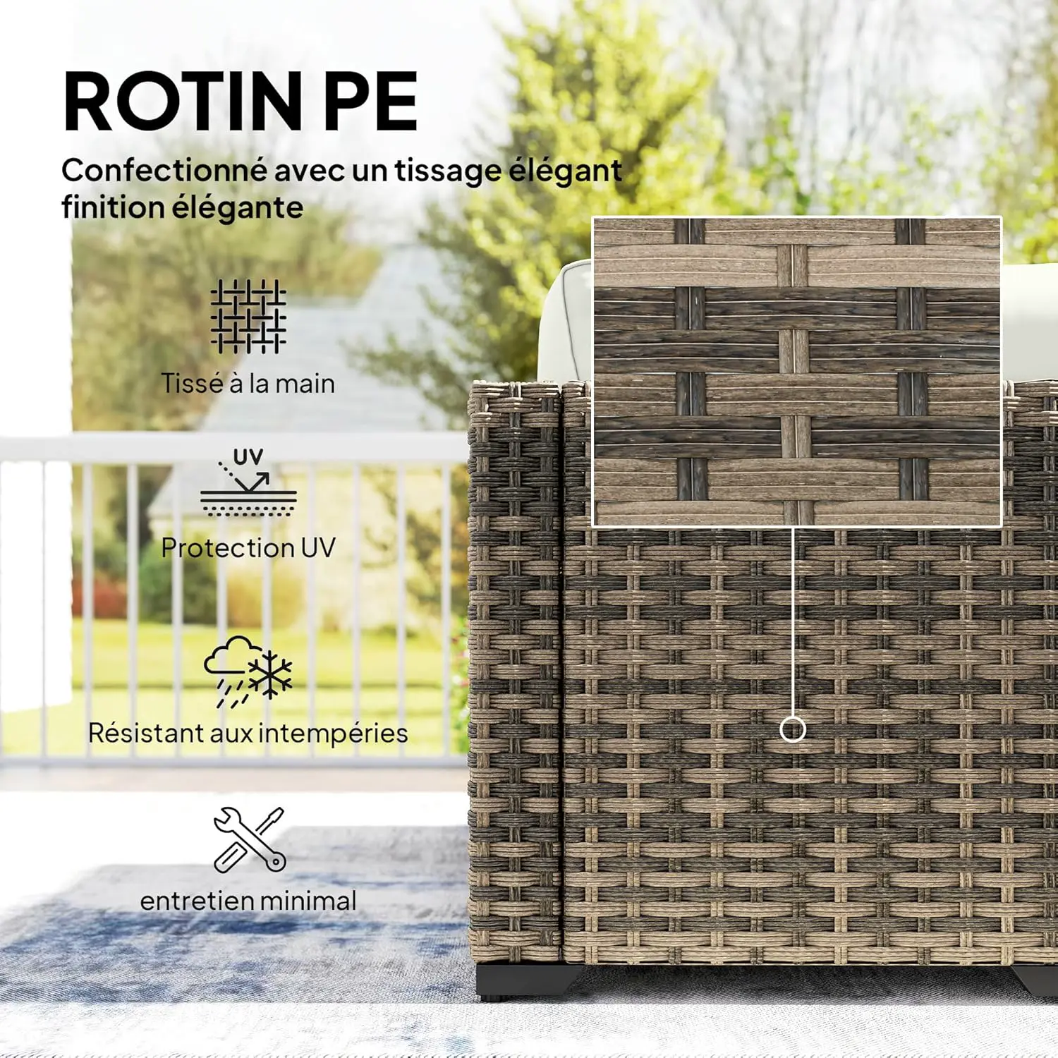 Salon de jardin 5 places en rotin naturel vue 4