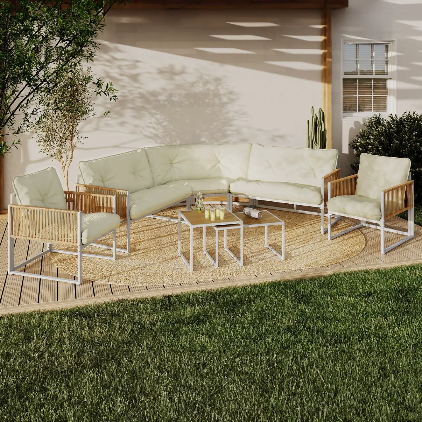 Salon de jardin 8 places en rotin blanc vue 2
