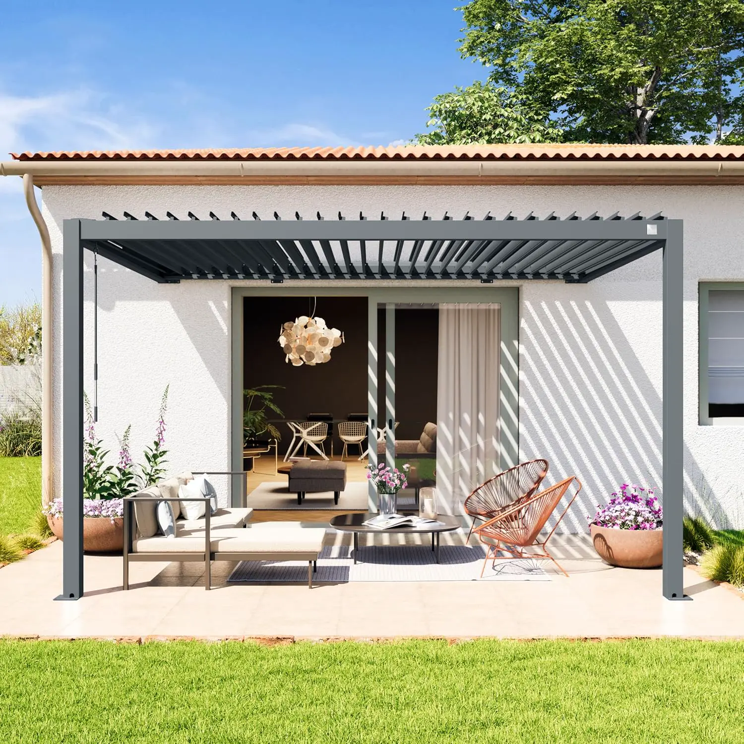 Pergola en acier anthracite 3x4 m adossée vue 2