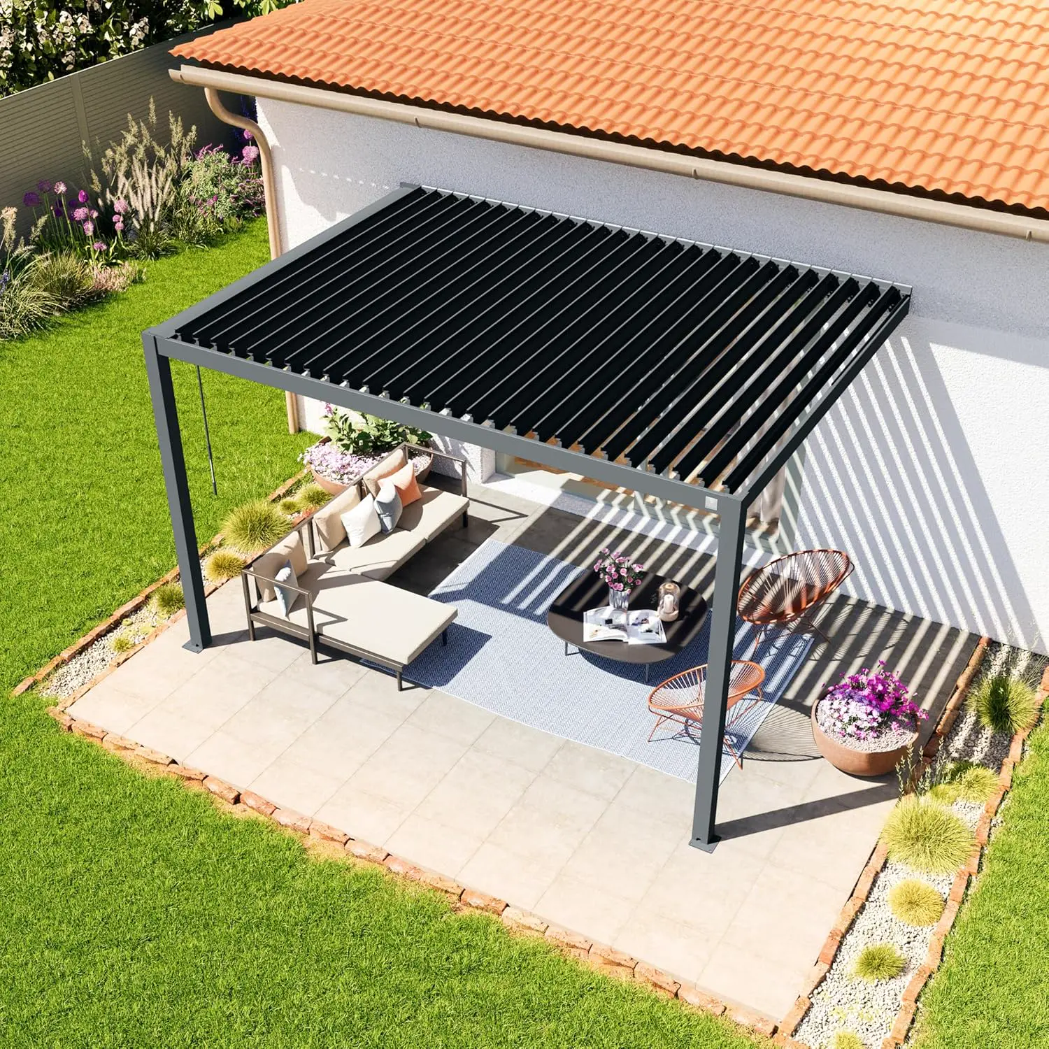 Pergola en acier anthracite 3x4 m adossée vue 3