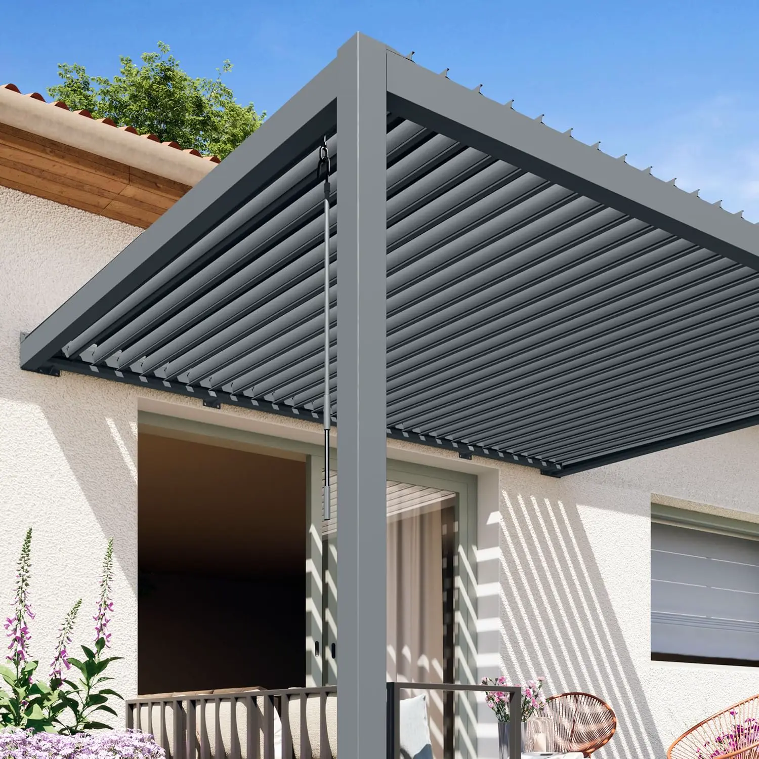 Pergola en acier anthracite 3x4 m adossée vue 4