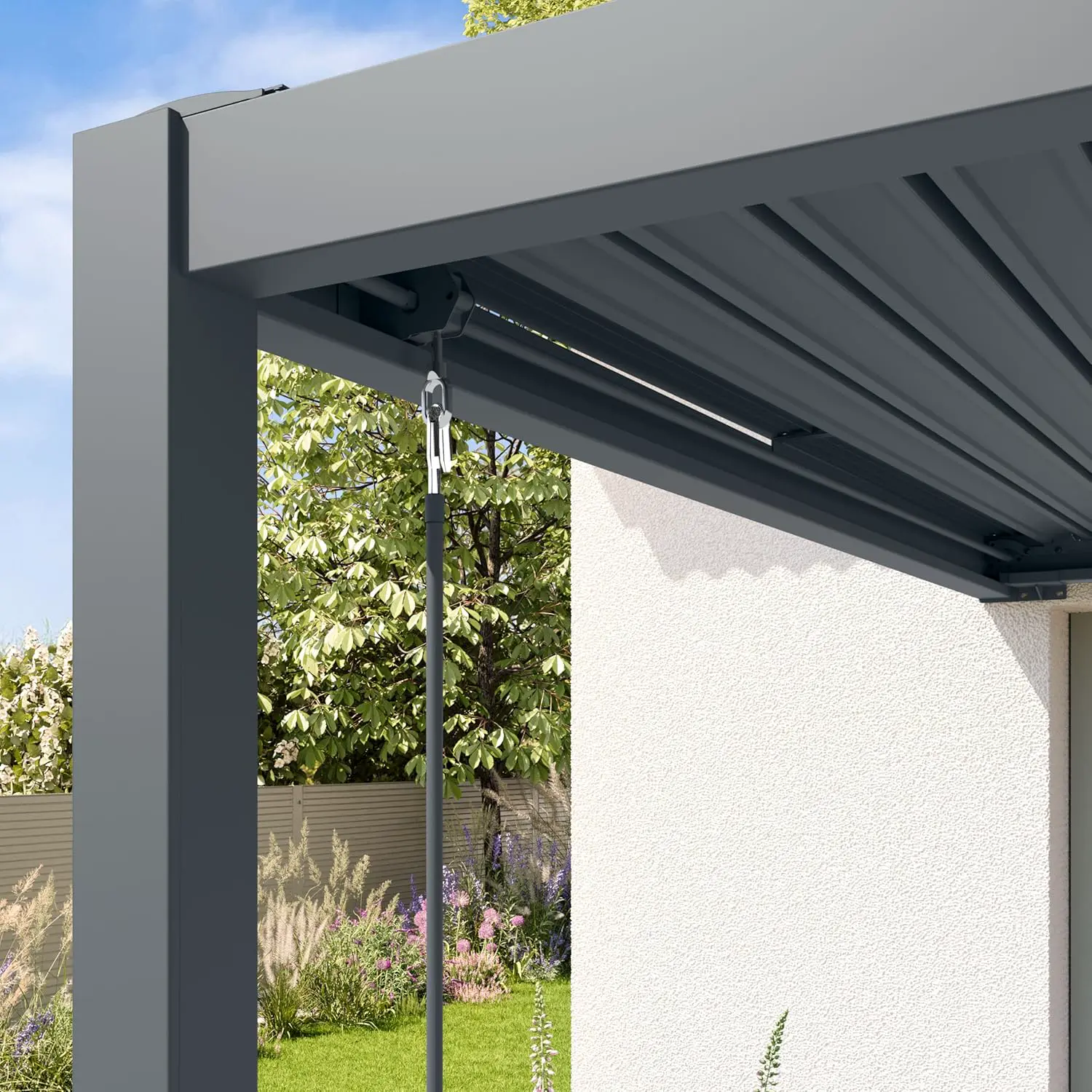 Pergola en acier anthracite 3x4 m adossée vue 7