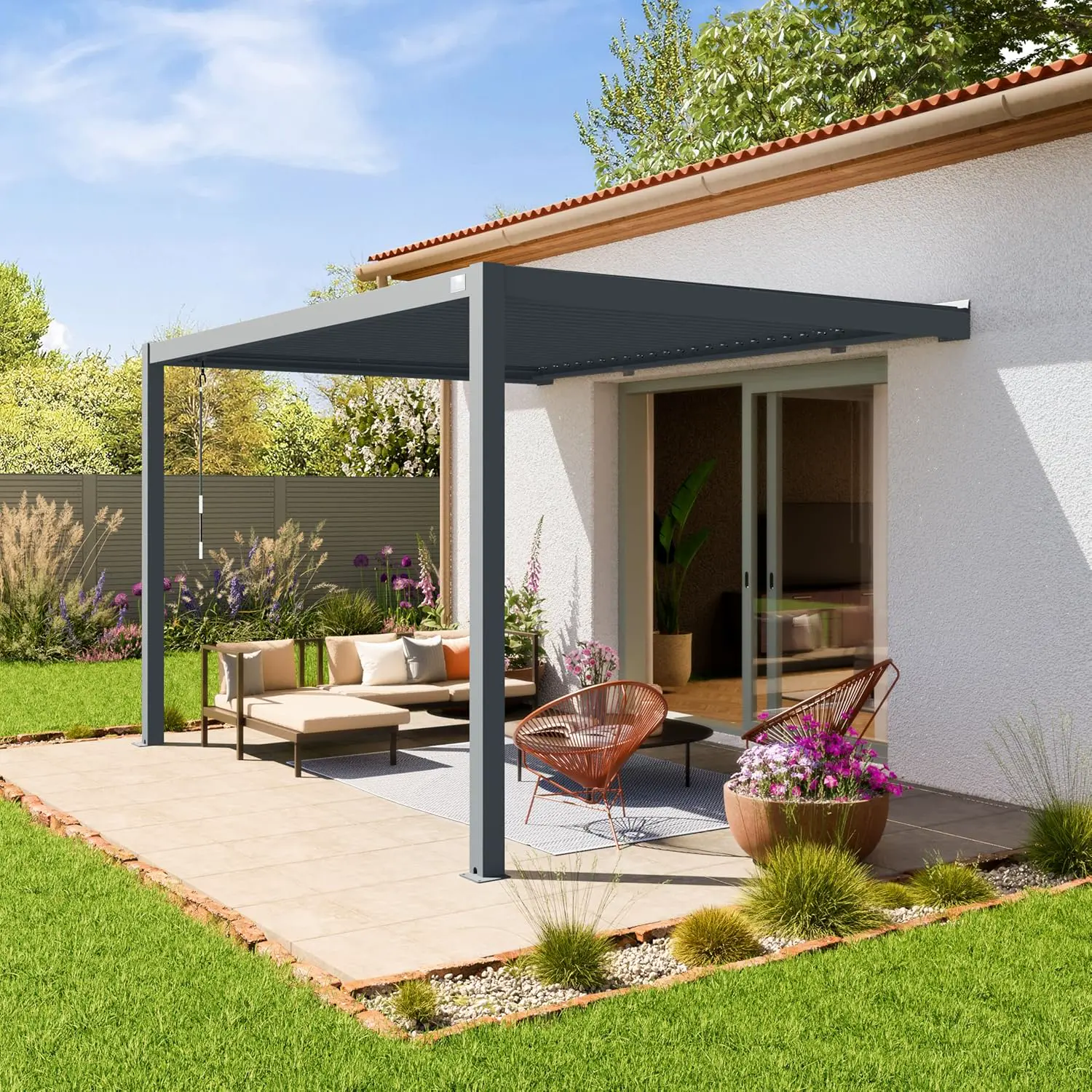 Pergola en acier anthracite 3x4 m adossée vue 8