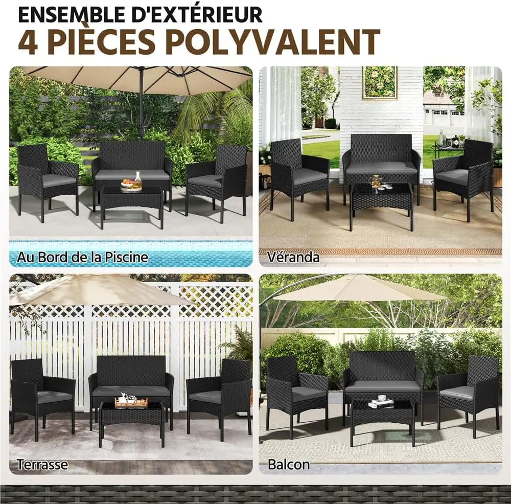 Salon de jardin 4 places en rotin gris 59,5x83,5 cm vue 2