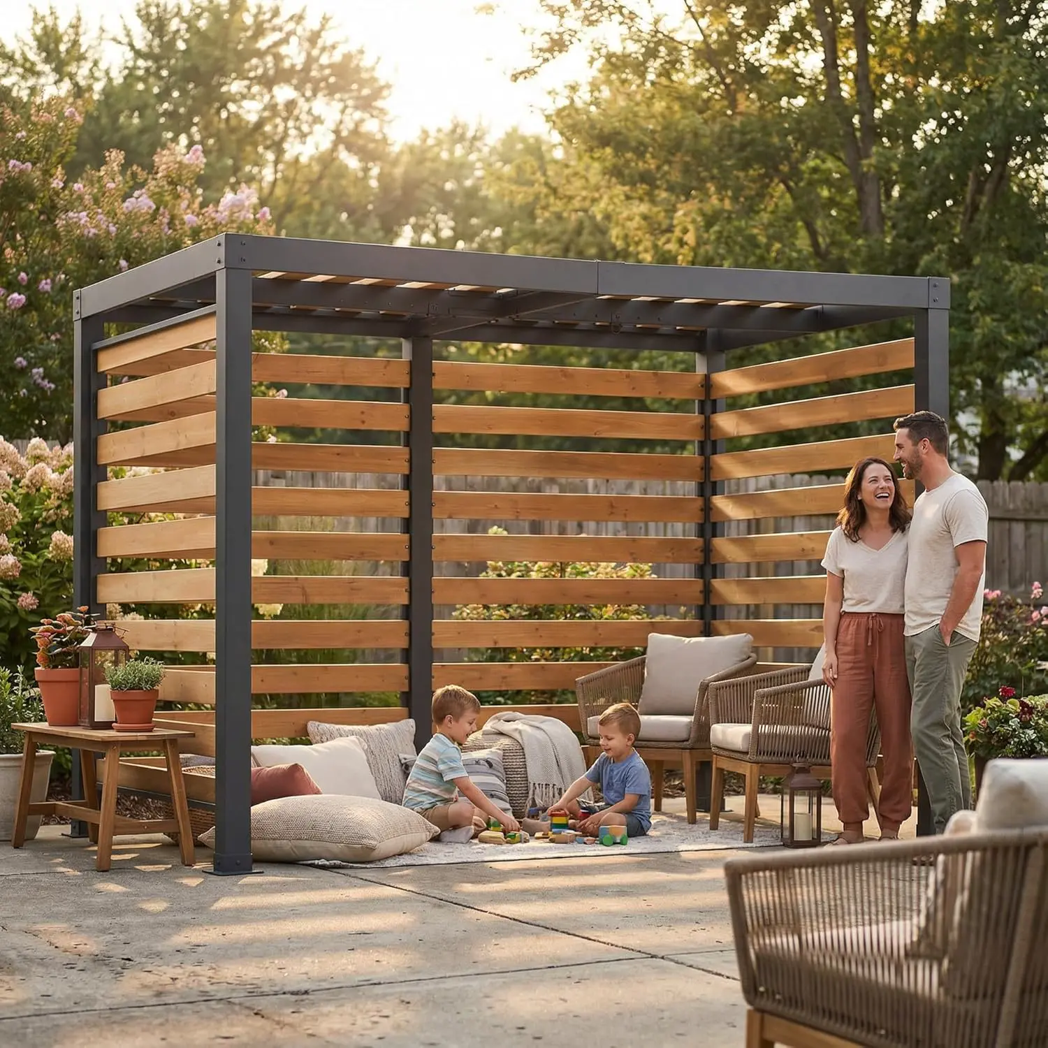 SUNJOY Pergola en Bois de Cèdre et Acier 3x2 m, Pergola Jardin Extérieur avec Crochets pour Fauteuil Suspendu et Balançoire, Abri de Terrasse Résistant aux Intempéries, Design Naturel et Robuste