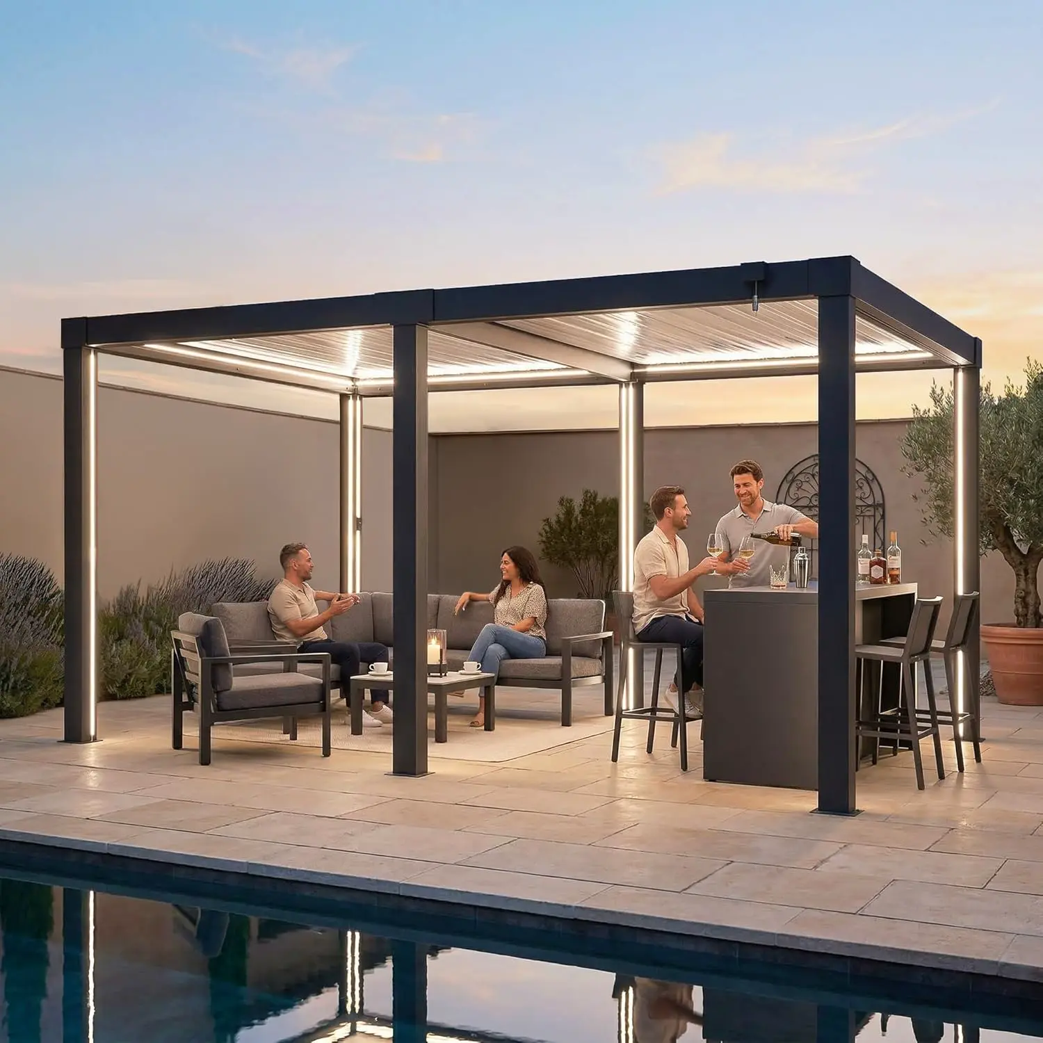 SUNJOY Pergola Bioclimatique 4x3 m en Aluminium, Tonnelle de Jardin avec Éclairage LED Solaire et Télécommande, Toit à Lames Orientables, Pavillon Extérieur Tout Temps Résistant au Vent et à la Neige