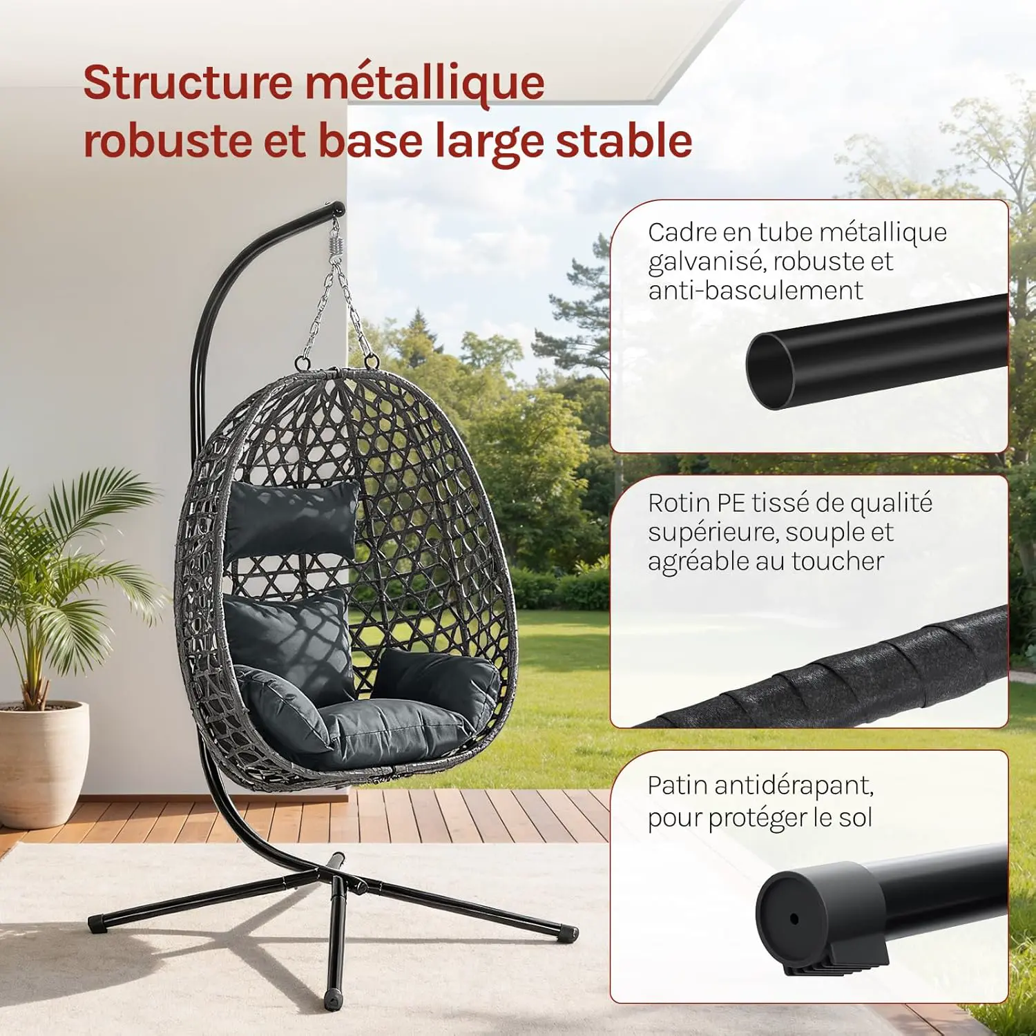 Fauteuils suspendus en métal gris 105x195 cm vue 5