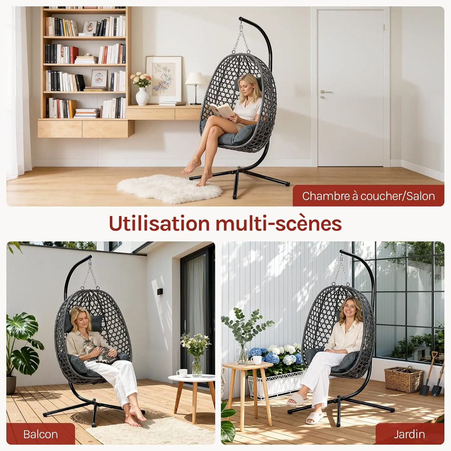 Fauteuils suspendus en métal gris 105x195 cm vue 7