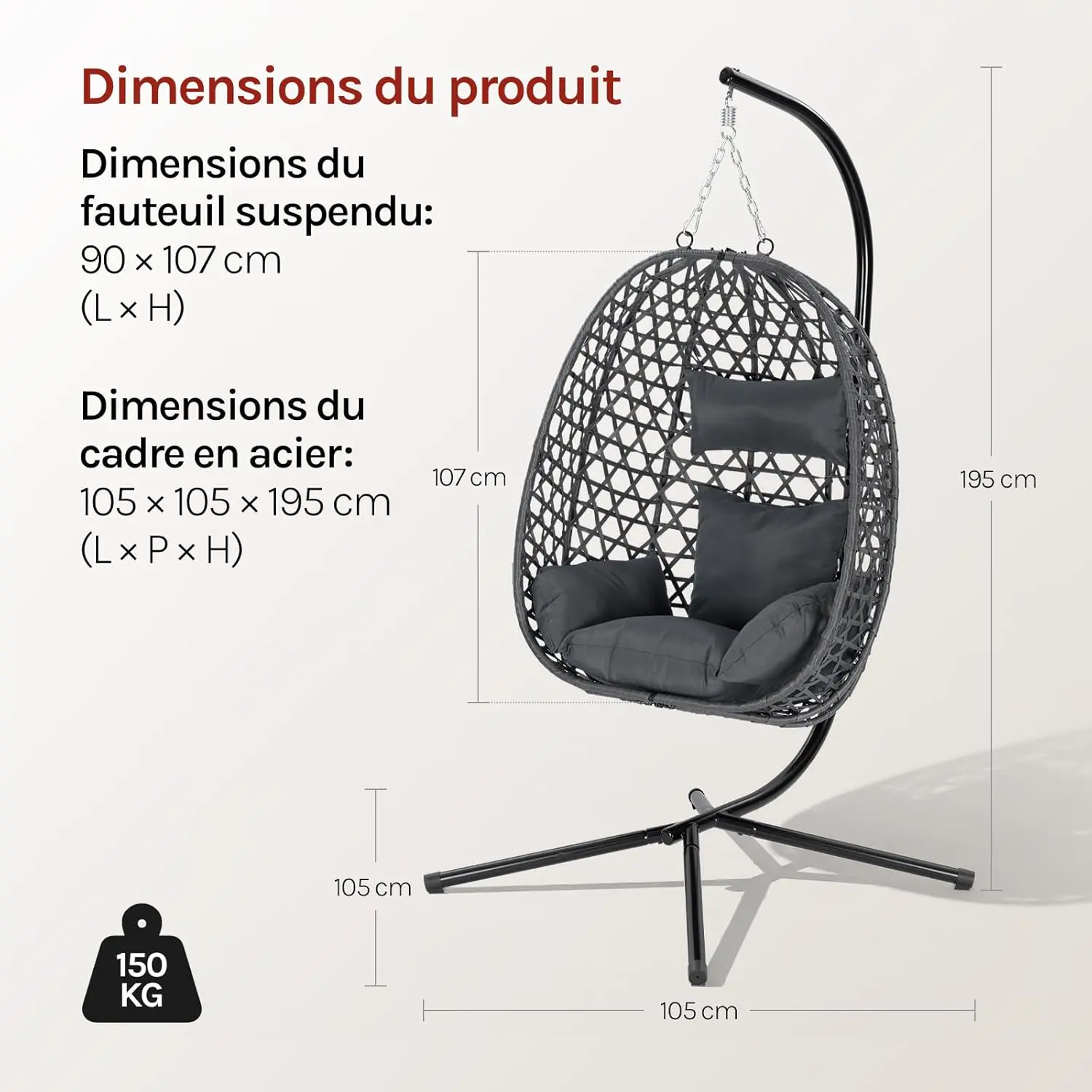 Fauteuils suspendus en métal gris 105x195 cm vue 8