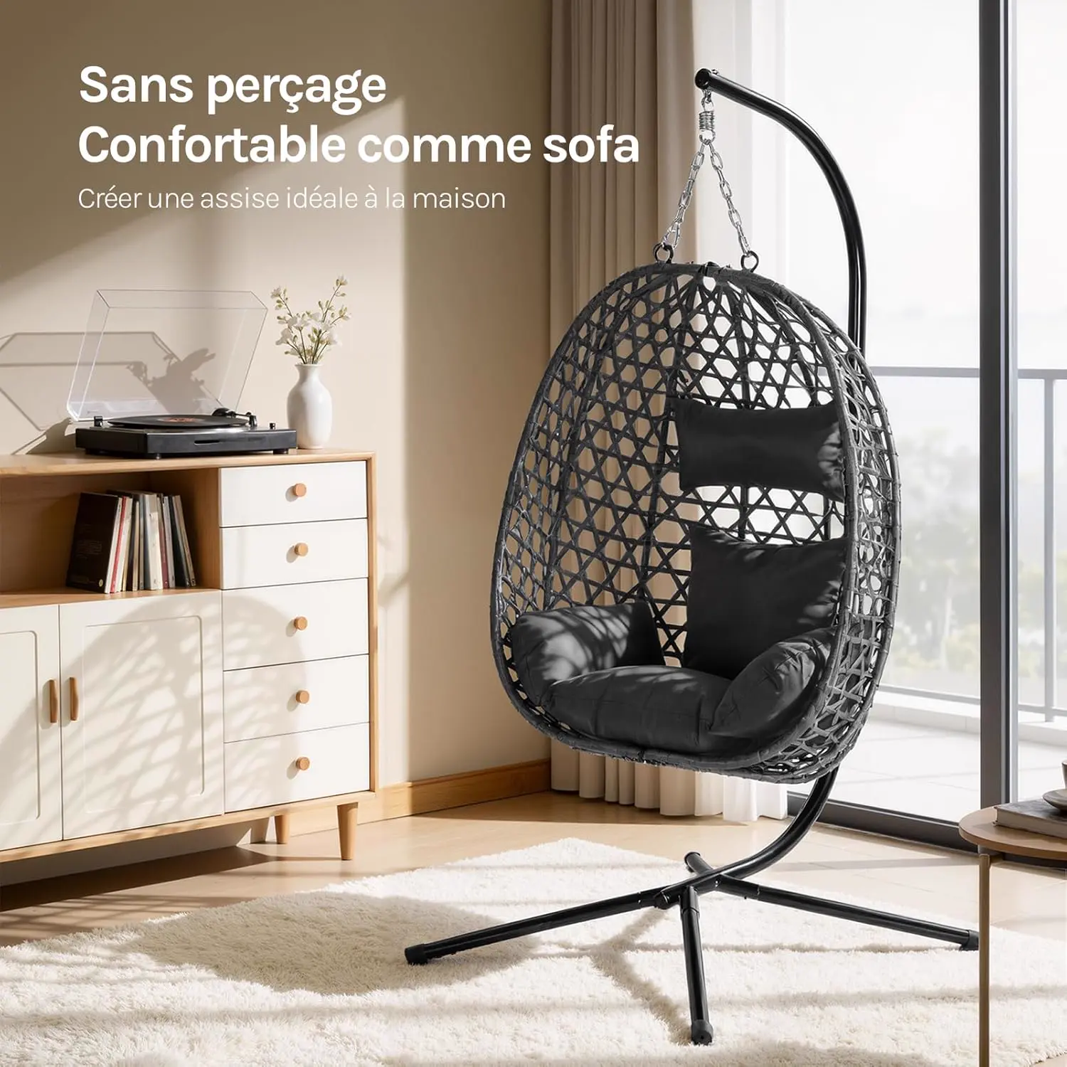 Fauteuils suspendus en rotin noir 100 x 196 cm vue 2