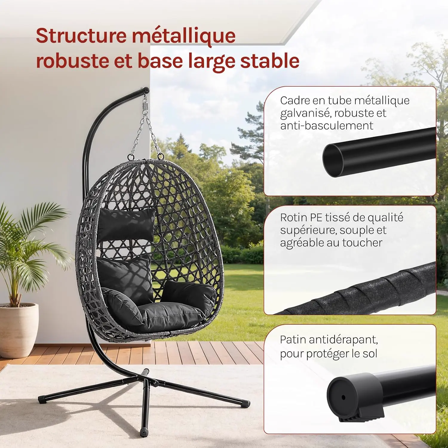 Fauteuils suspendus en rotin noir 100 x 196 cm vue 5