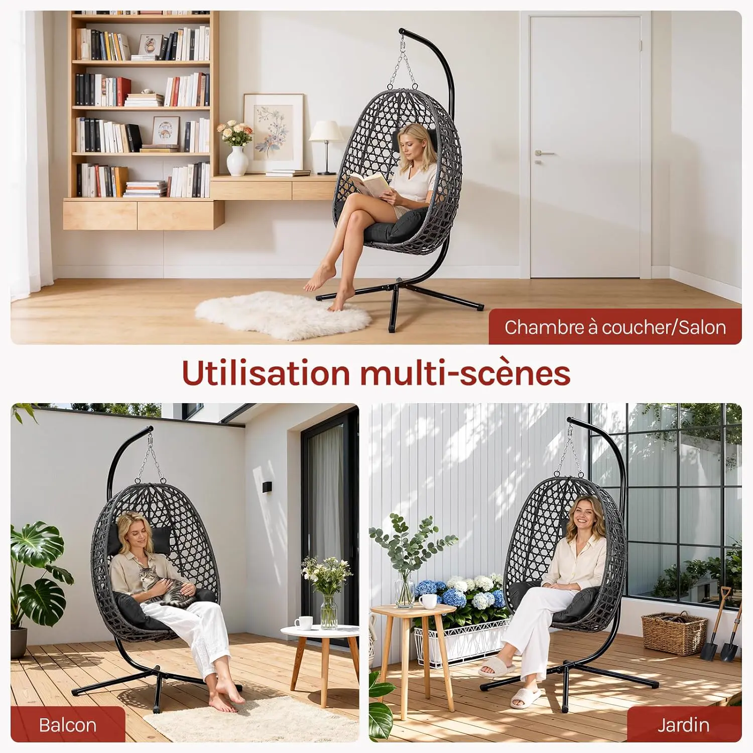Fauteuils suspendus en rotin noir 100 x 196 cm vue 7