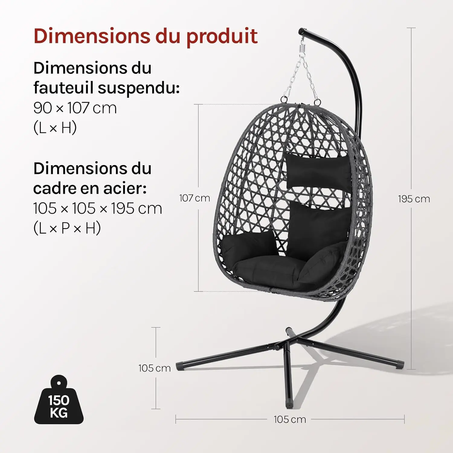Fauteuils suspendus en rotin noir 100 x 196 cm vue 8