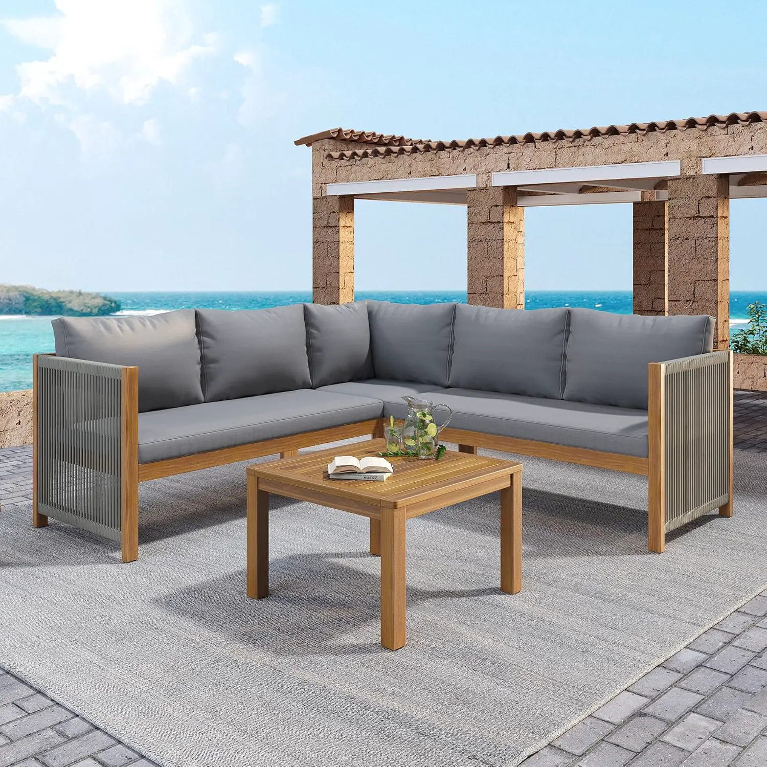 Salon de jardin 5 places beige 184x64cm vue 4