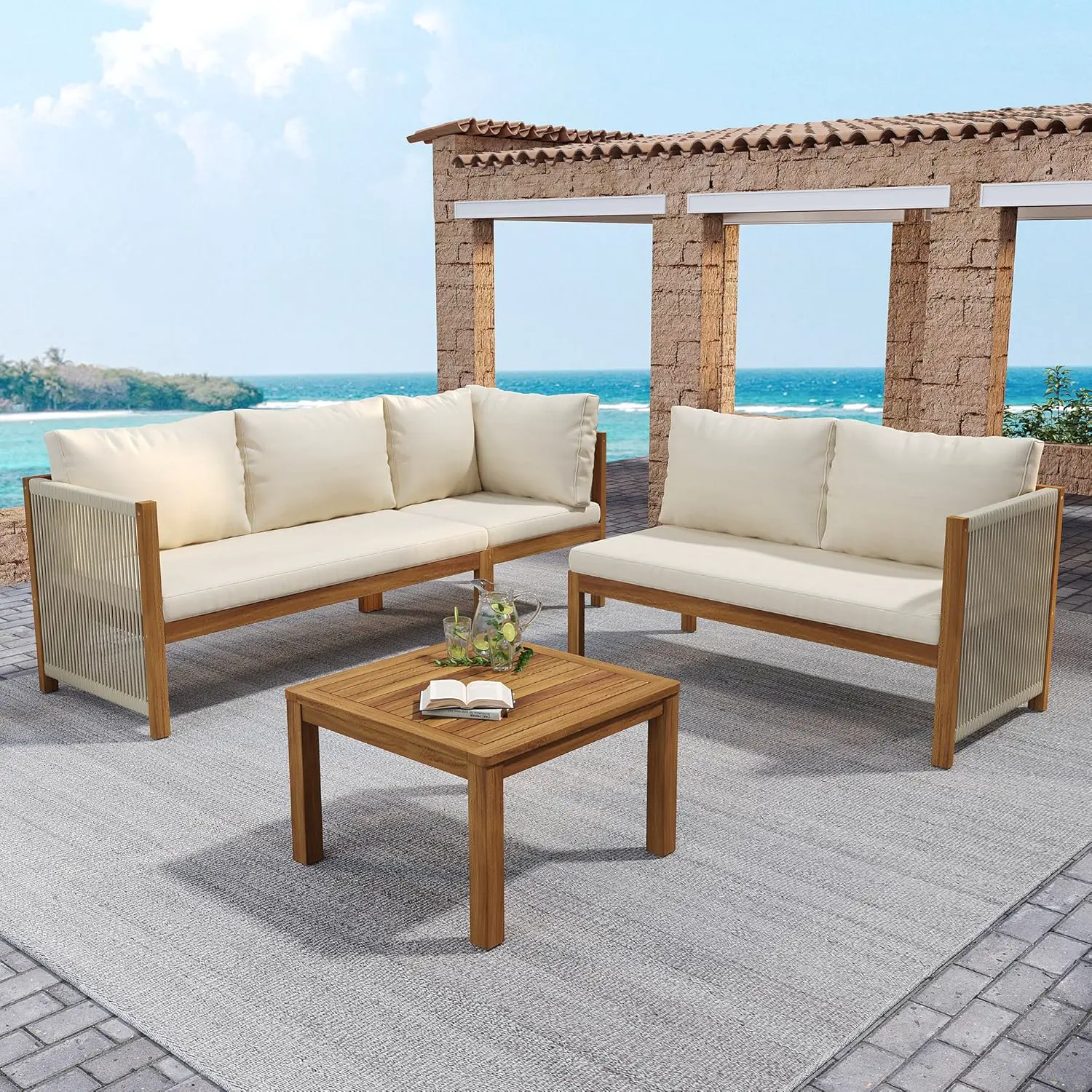 Salon de jardin 5 places beige 185,5x71,5cm vue 3